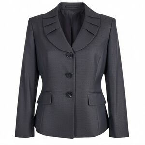 Le Suit Blazer Size 10 Black Gold Undertones Ruffled Collar Pockets Slit Cuffs